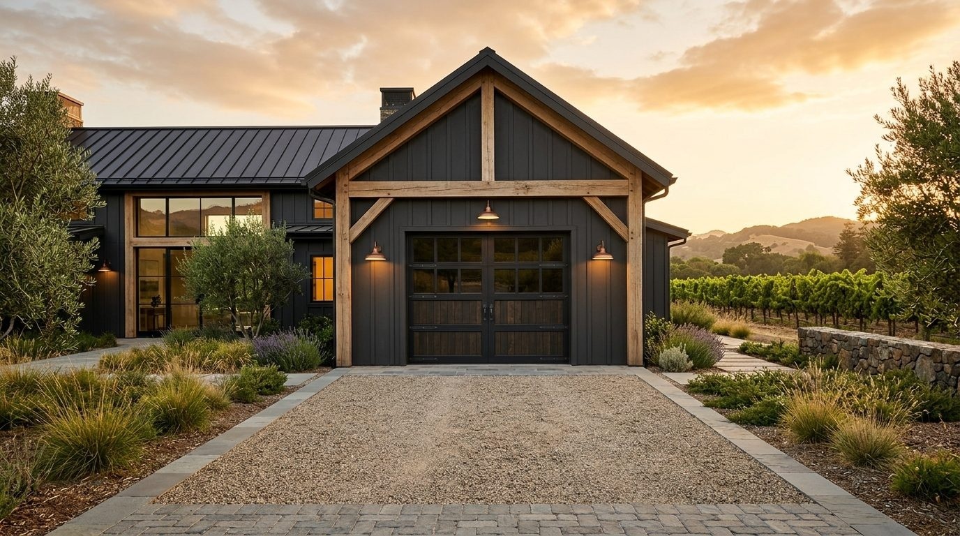 Thomas and Oscar Garage Door Exterior Closed Garage Door at Twilight
