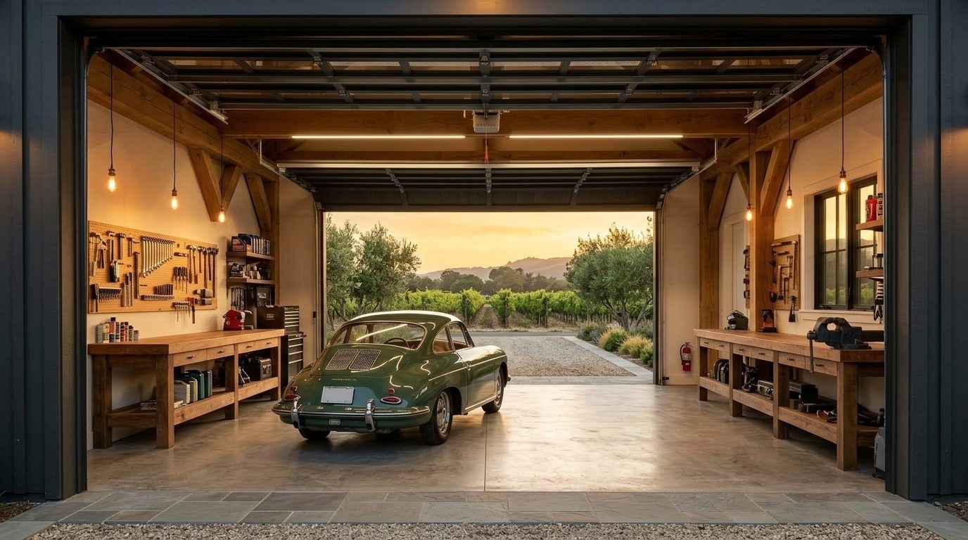 Thomas and Oscar Garage Door Interior View of Custom Garage Door Overhead and Workshop